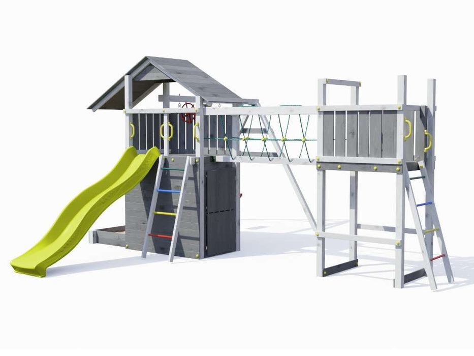 Spielturm 'BRIDGE' Grau/Weiss inkl. Rutsche Gelb, 559x493x254cm (BxTxH)
