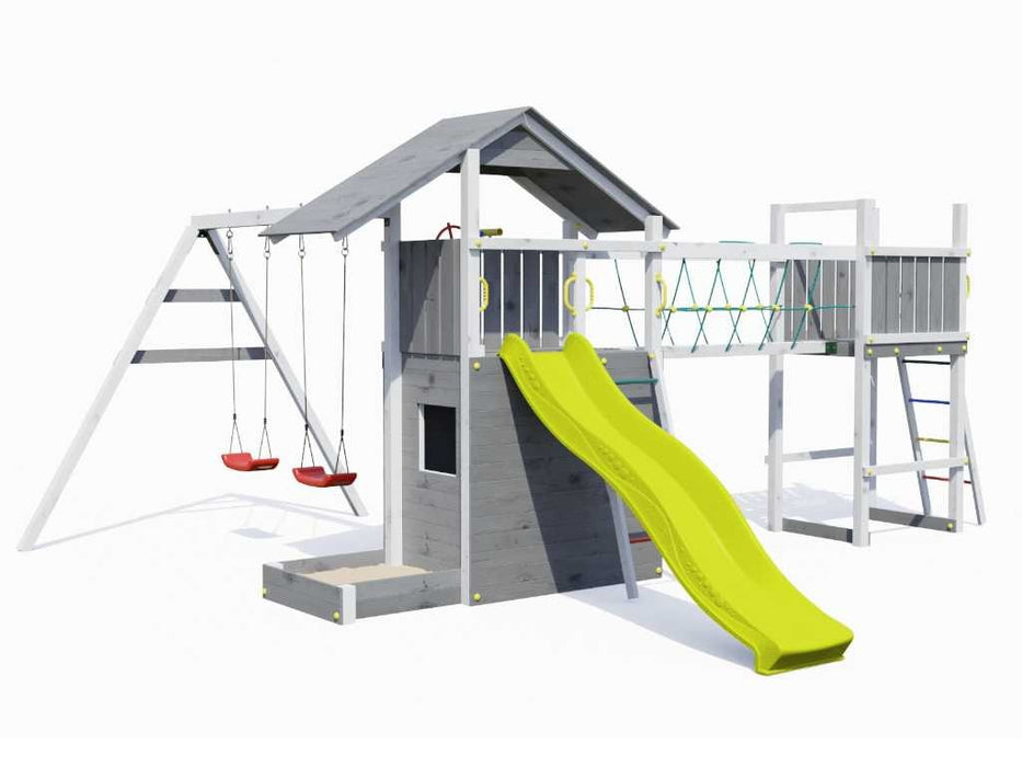 Spielturm 'BRIDGE' Grau/Weiss inkl. Rutsche Gelb, 559x493x254cm (BxTxH)