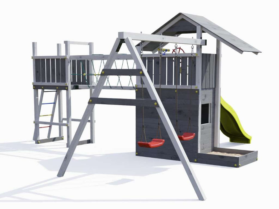 Spielturm 'BRIDGE' Grau/Weiss inkl. Rutsche Gelb, 559x493x254cm (BxTxH)