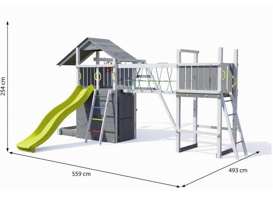 Spielturm 'BRIDGE' Grau/Weiss inkl. Rutsche Gelb, 559x493x254cm (BxTxH)