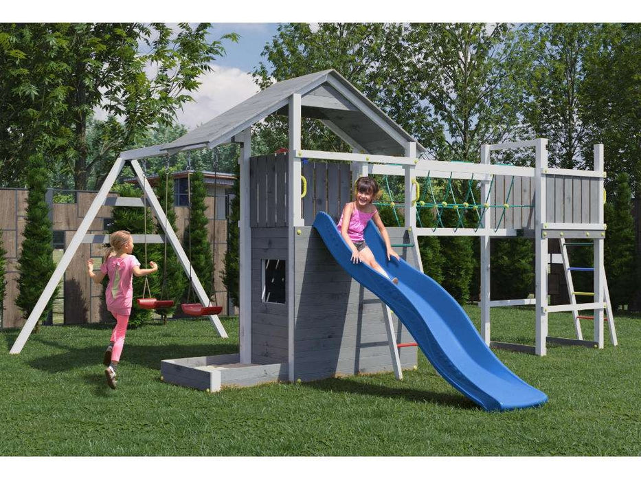 Spielturm 'BRIDGE' Grau/Weiss inkl. Rutsche Blau, 559x493x254cm (BxTxH)