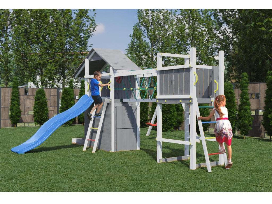 Spielturm 'BRIDGE' Grau/Weiss inkl. Rutsche Blau, 559x493x254cm (BxTxH)