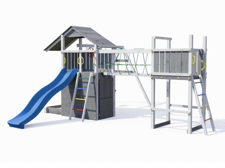Spielturm 'BRIDGE' Grau/Weiss inkl. Rutsche Blau, 559x493x254cm (BxTxH)