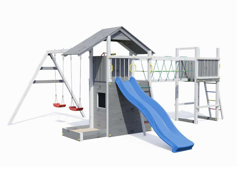 Spielturm 'BRIDGE' Grau/Weiss inkl. Rutsche Blau, 559x493x254cm (BxTxH)