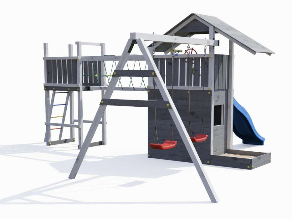 Spielturm 'BRIDGE' Grau/Weiss inkl. Rutsche Blau, 559x493x254cm (BxTxH)