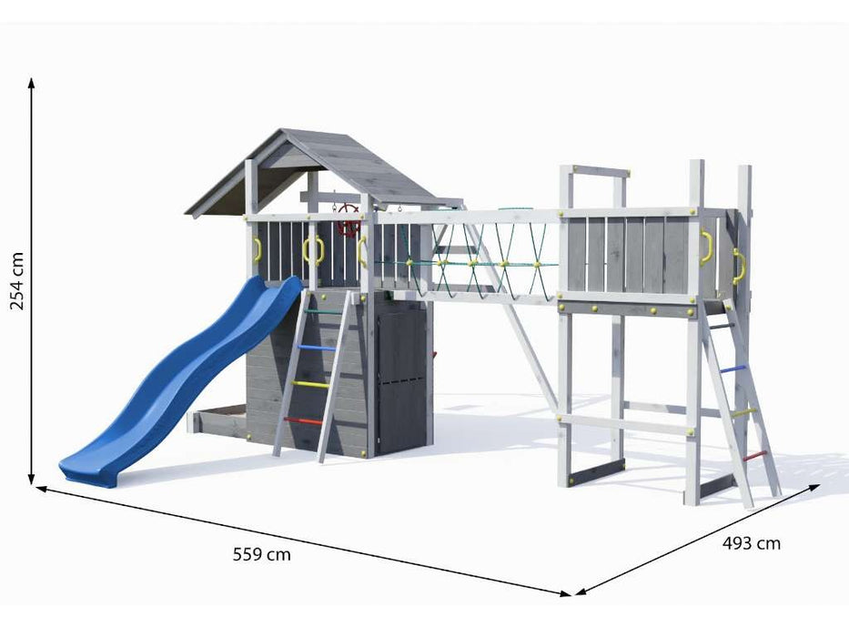 Spielturm 'BRIDGE' Grau/Weiss inkl. Rutsche Blau, 559x493x254cm (BxTxH)