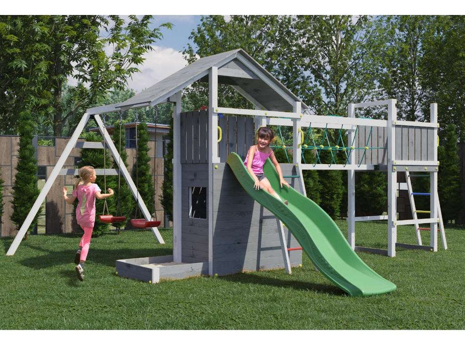 Tour de jeu 'BRIDGE' gris/blanc incl. toboggan vert, 559x493x254cm (LxPxH)