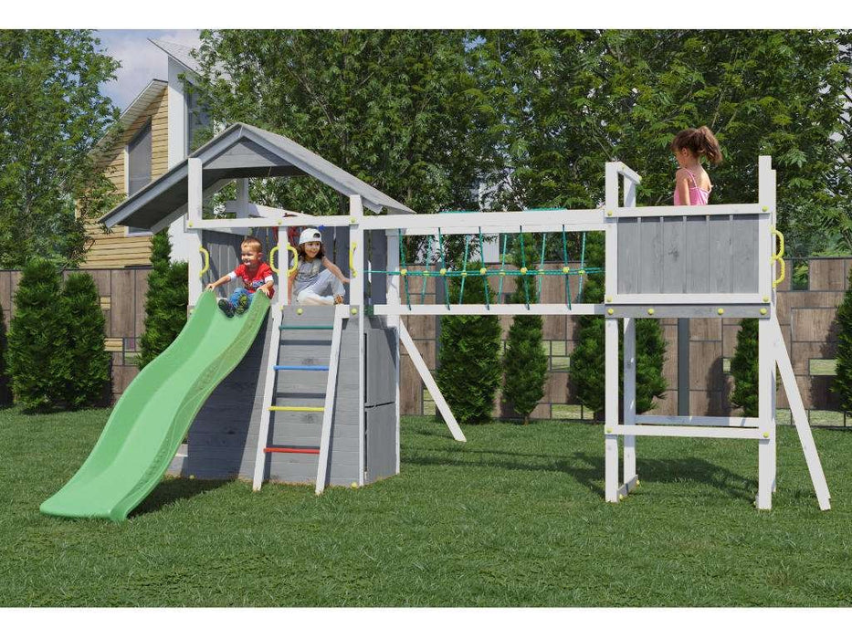 Tour de jeu 'BRIDGE' gris/blanc incl. toboggan vert, 559x493x254cm (LxPxH)