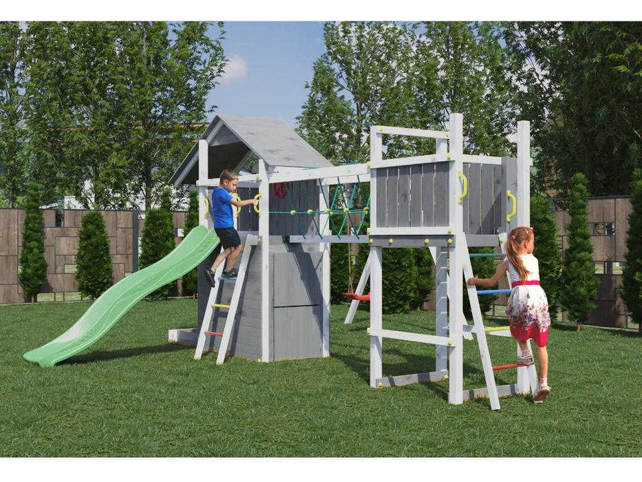 Tour de jeu 'BRIDGE' gris/blanc incl. toboggan vert, 559x493x254cm (LxPxH)