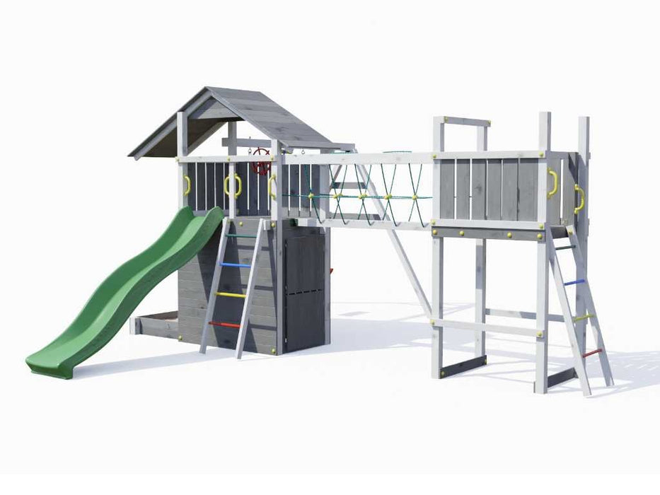 Tour de jeu 'BRIDGE' gris/blanc incl. toboggan vert, 559x493x254cm (LxPxH)