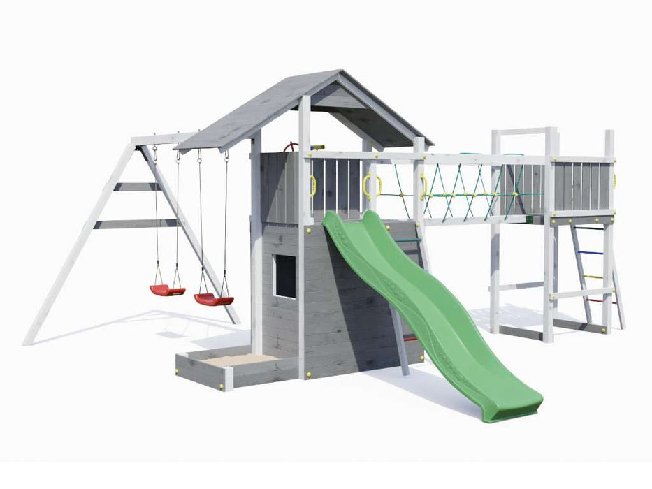 Tour de jeu 'BRIDGE' gris/blanc incl. toboggan vert, 559x493x254cm (LxPxH)