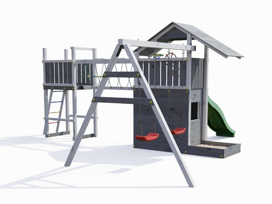 Tour de jeu 'BRIDGE' gris/blanc incl. toboggan vert, 559x493x254cm (LxPxH)