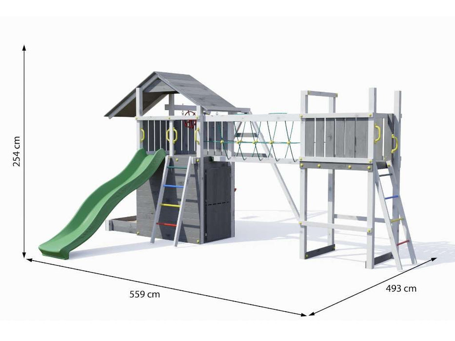 Tour de jeu 'BRIDGE' gris/blanc incl. toboggan vert, 559x493x254cm (LxPxH)