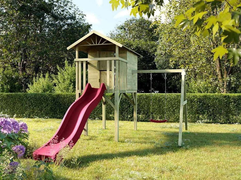 Playhouse, tour de jeu, «arbre» ​​de Stelzenhaus, y compris swing et glissade rose, 316x237x298cm (bxtxh)