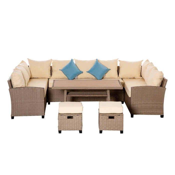 Sitzgruppe Gartenlounge für 10 Personen aus PE-Rattan 6-teilig inkl. Kissen - Braun+Khaki+Blau