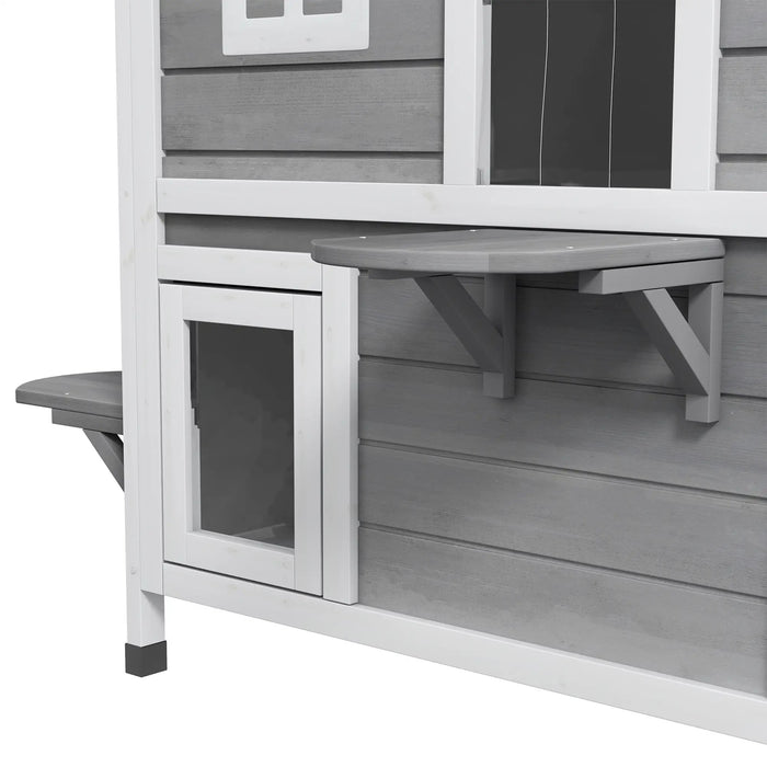 Cat house with asphalt roof, stairs, 2-floors, waterproof, garden, gray, 78x55.5x91cm