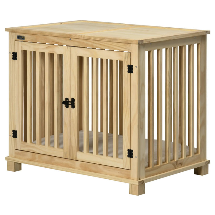 Dog cage with locking and upholstery natural wood, 82.5x57x72cm