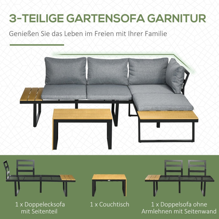 Gartenmöbel-Set für 3 Personen Balkonmöbel mit Sitzkissen, Aluminiumrahmen, Holzoptik, Dunkelgrau+Natur