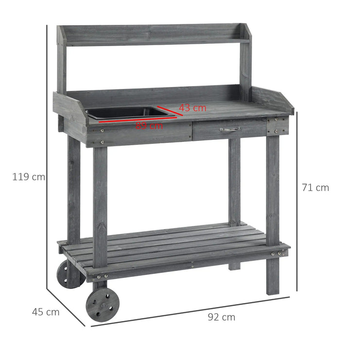 Pflanztisch mit Schublade 2 Stufen Gärtnertisch mit waschbecken und Rollen Garten Tannenholz Grau, 92x45x119cm