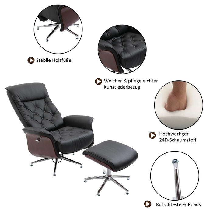 Détendez le fauteuil avec un tabouret de semelles en fauteuil à 360 ° Black rotatif, 82x83x110cm