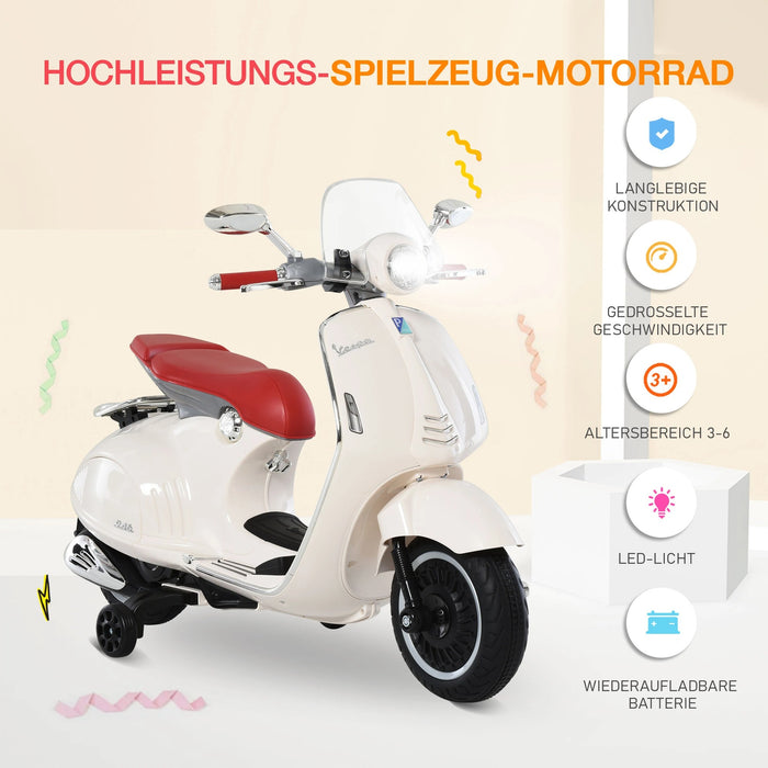 Vespa Children's Motorcycle, Motorcycle électrique avec éclairage de musique MP3, 3-6 ans, PP, blanc, 108x49x75cm