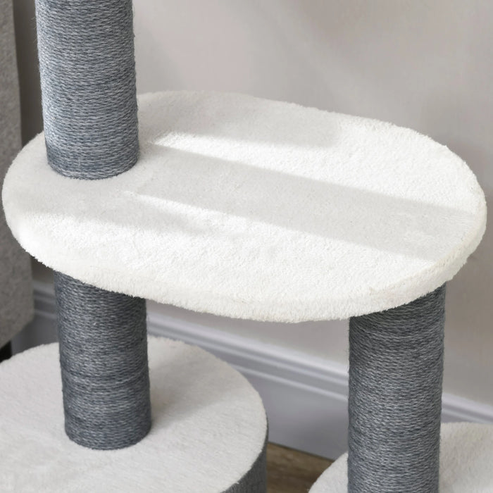 Scratching Tree avec 1 grotte de chat, 1 lit de chat, 2 plates-formes, poteau de corde de jute, blanc + gris