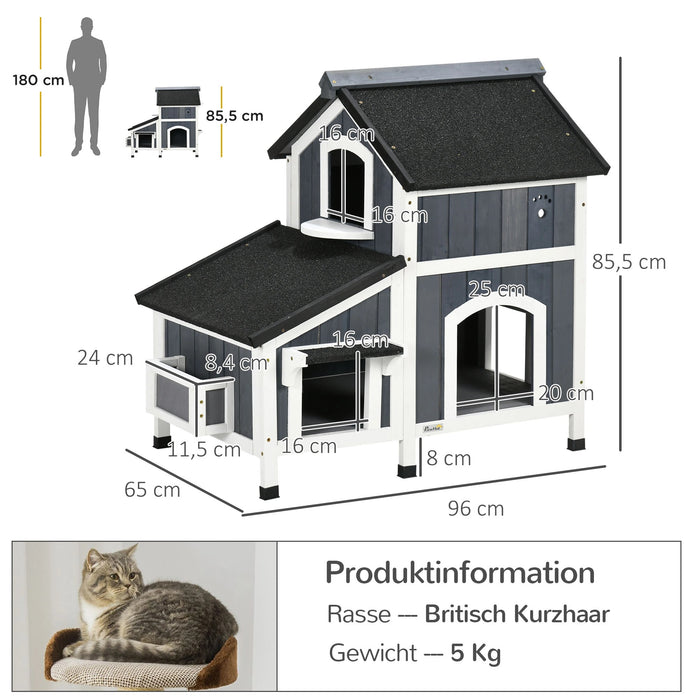 Outdoor-Katzenhaus, zweistöckig, Bodenabstand, Naturholz, grau, 96x65x85,5cm