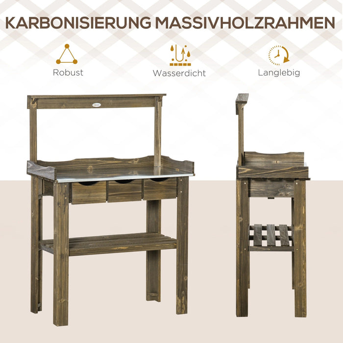 Pflanztisch Gärtnertisch aus Holz mit 3 Schubladen Haken verzinkte Metall Arbeitsfläche für Garten Terrasse Verkohlt, 78x38x112cm