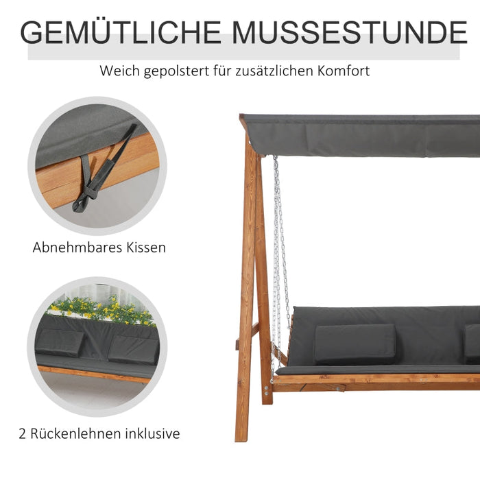 Hollywoodschaukel mit Bettfunktion 3-Sitzer Gartenschaukel mit Dach Hollywoodliege Gartenliege Kiefernholz Polyester Grau+Teak, 225,5x113x180cm