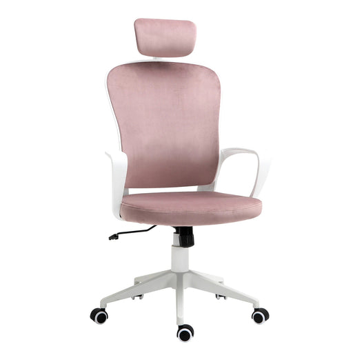 Bürostuhl mit Wippfunktion höhenverstellbarer ergonomischer Drehstuhl mit Armlehne & Kopfstütze Samtoptik Rosa, 63x64x118-128cm