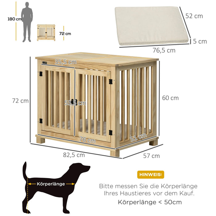 Dog cage with locking and upholstery natural wood, 82.5x57x72cm