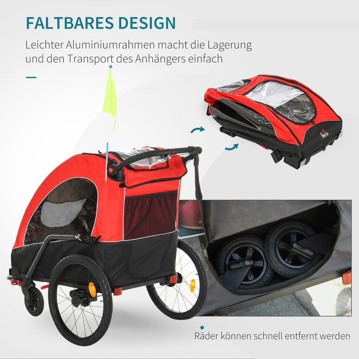 3 en 1 remorque de vélo de remorque pour 2 enfants avec drapeau, 150x85x107cm