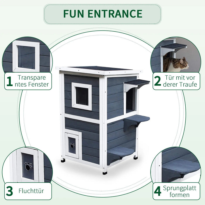 Katzenhaus 2 pavimenti cat villa con scale, tetto di asfalto, finestra, 51x51x81.3cm