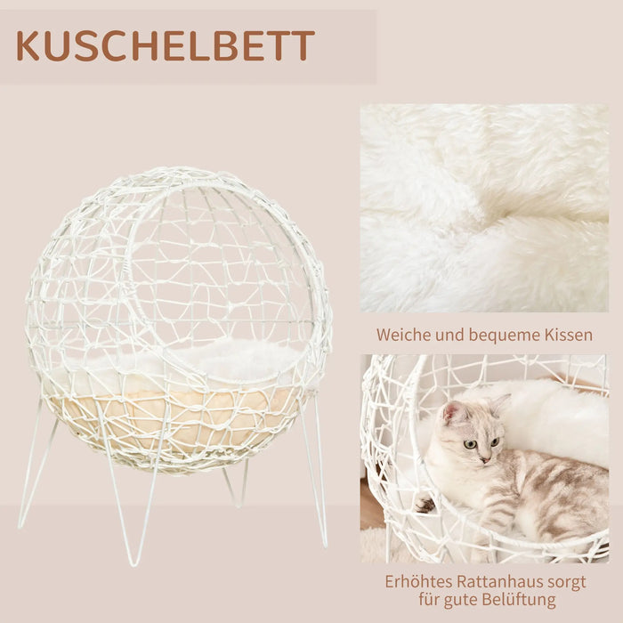 Panier de chat en rotin, lit de chat avec oreiller accrue design lit pour animaux de compagnie crème blanc Ø45x57hcm