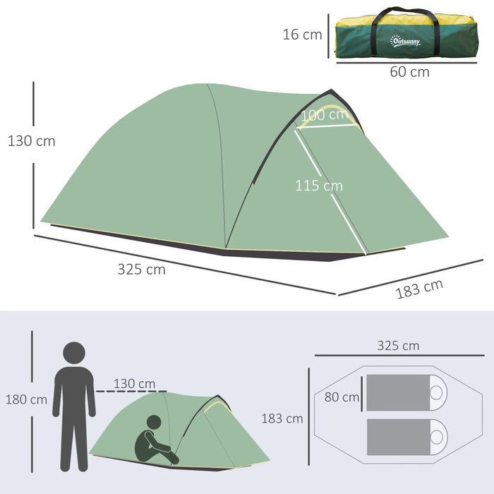 Zelt für 2 Personen 190T Campingzelt mit Heringen Glasfaser Polyester Grün + Gelb, 325x183x130cm