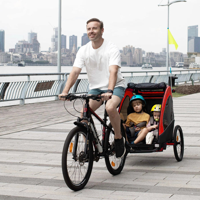 3 en 1 remorque de vélo de remorque pour 2 enfants avec drapeau, 150x85x107cm