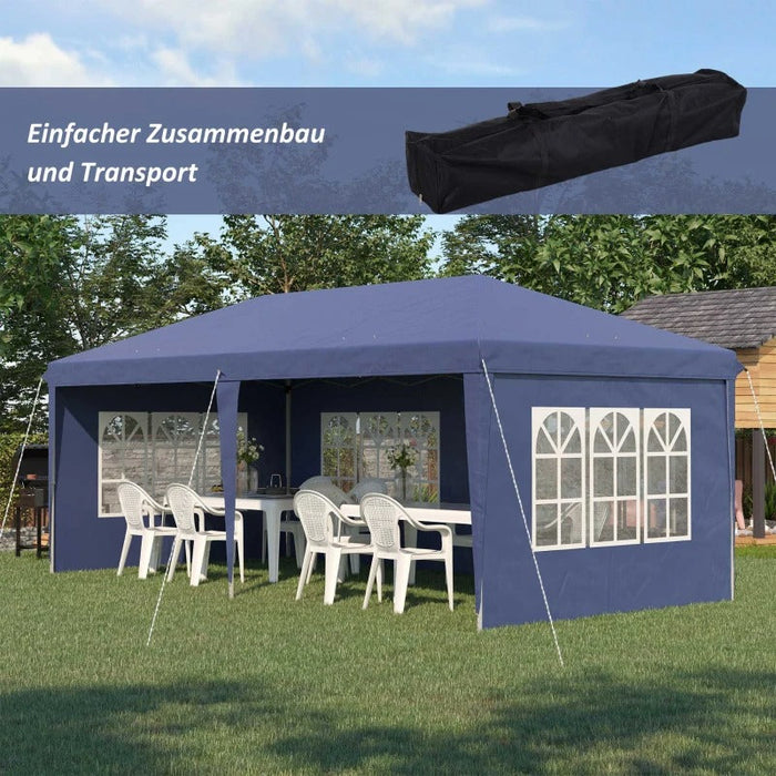 Faltpavillon 6x3m, halboffen, abnehmbare Seitenwände, grosse Fenster, Tragetasche, Stahlrahmen, blau