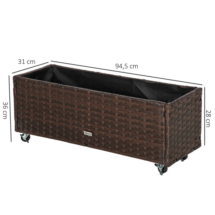 Hochbeet Poly Rattan mit Rollen Pflanzkasten mit Abflusslöchern Blumenkasten Blumenkübel Kaffee-Braun, 94,5x31x36cm