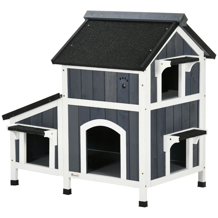 Outdoor-Katzenhaus, zweistöckig, Bodenabstand, Naturholz, grau, 96x65x85,5cm