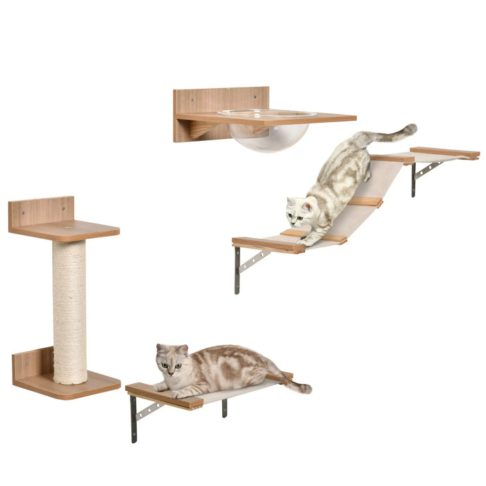 4Tlg. Climbing wall for cats with scratching post, hammock light brown sisal acrylic pine