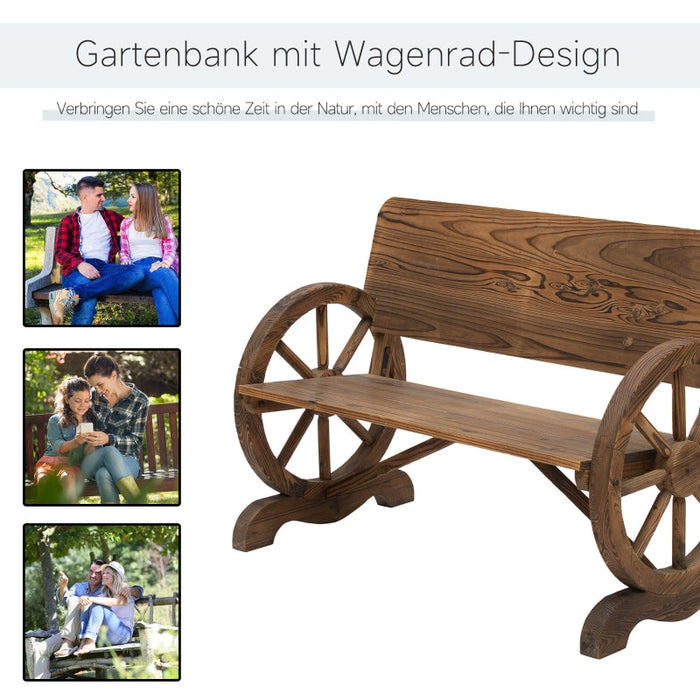 Gartenbank mit Armlehne, Sitzbank mit Wagenräder-Design, Gartenmöbel, Rustikale Bank, Massivholz, Braun, 114x58x80cm