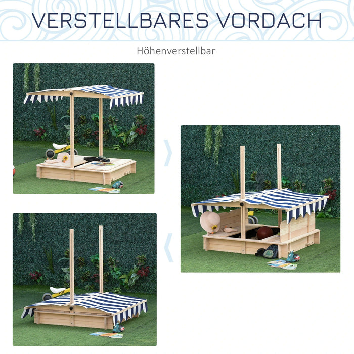 Sandkasten Sandkiste aus Holz für Garten Sandkasten mit Dach Felix Kindersandkasten mit Dach abnehmbar Rücklehnen verstellbar Tannenholz 3-7 Jahren, Natur, 106x106x121cm