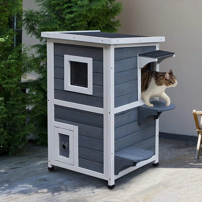 Katzenhaus 2 pavimenti cat villa con scale, tetto di asfalto, finestra, 51x51x81.3cm