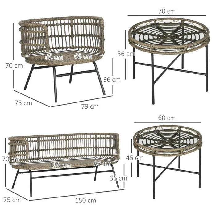 Gartenmöbel-Set für 4 Personen aus PE-Rattan, 2 Sessel, 1 Sofa, 2 Beistelltisch, Boho-Stil, Braun+Grau