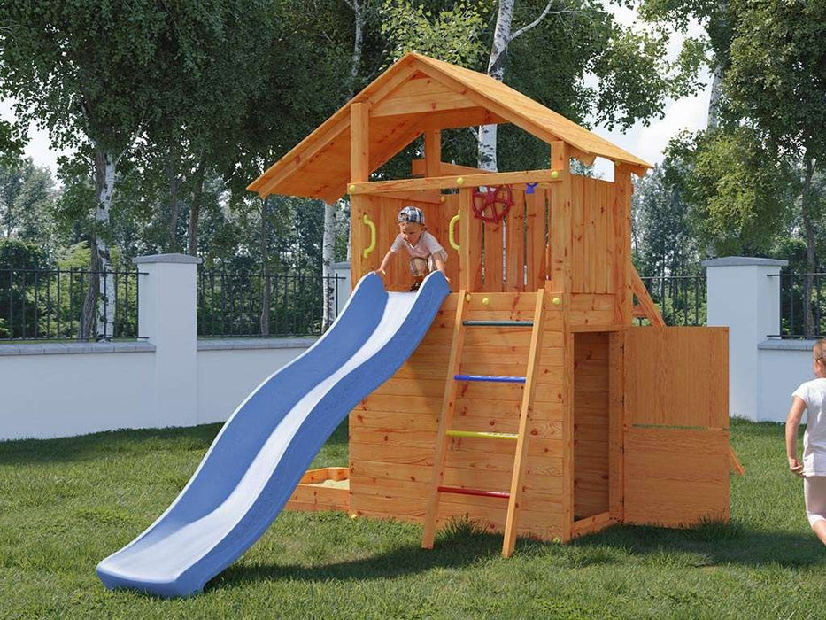 Spielturm 'SHARP' teakfarben inkl. Rutsche Blau, 493x258x254cm (BxTxH)