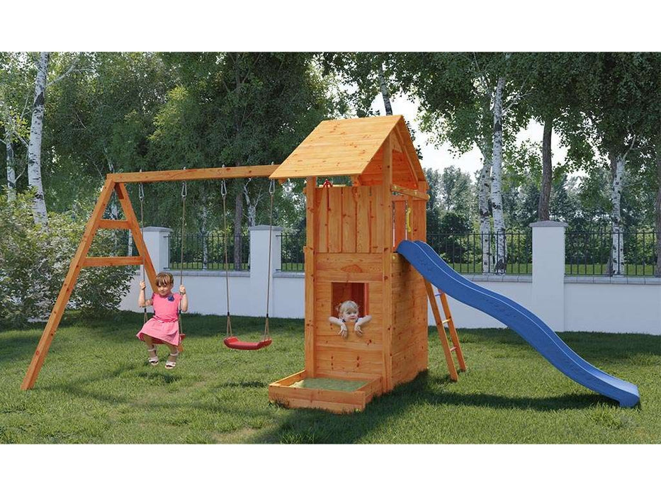 Spielturm 'SHARP' teakfarben inkl. Rutsche Blau, 493x258x254cm (BxTxH)