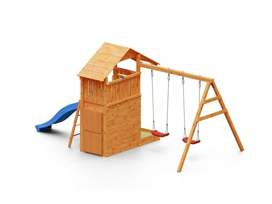 Spielturm 'SHARP' teakfarben inkl. Rutsche Blau, 493x258x254cm (BxTxH)