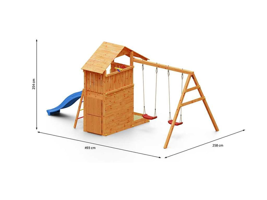 Spielturm 'SHARP' teakfarben inkl. Rutsche Blau, 493x258x254cm (BxTxH)