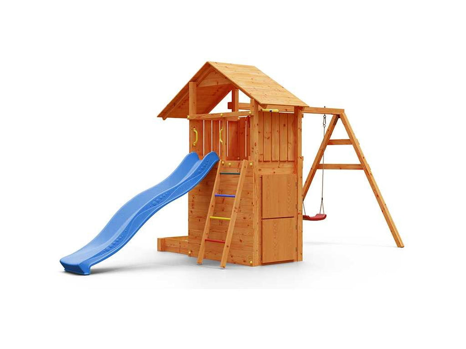 Spielturm 'SHARP' teakfarben inkl. Rutsche Blau, 493x258x254cm (BxTxH)