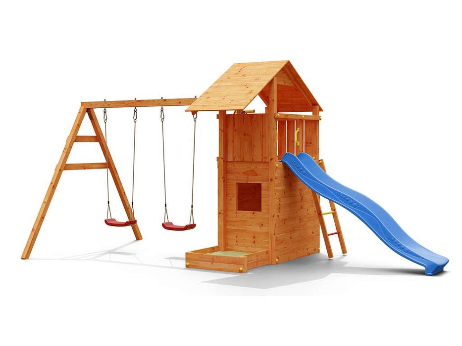 Spielturm 'SHARP' teakfarben inkl. Rutsche Blau, 493x258x254cm (BxTxH)